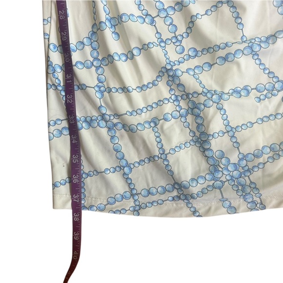 J. McLaughlin White and Blue Chain Print Dress Size Small Ruched 3/4 Sleeve - Picture 5 of 8